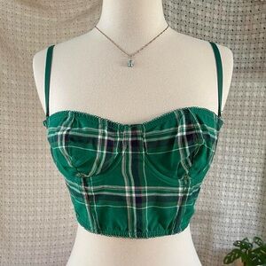 Anthropologie Green Multi-Color Plaid Cropped Bustier Top Removable Straps Small